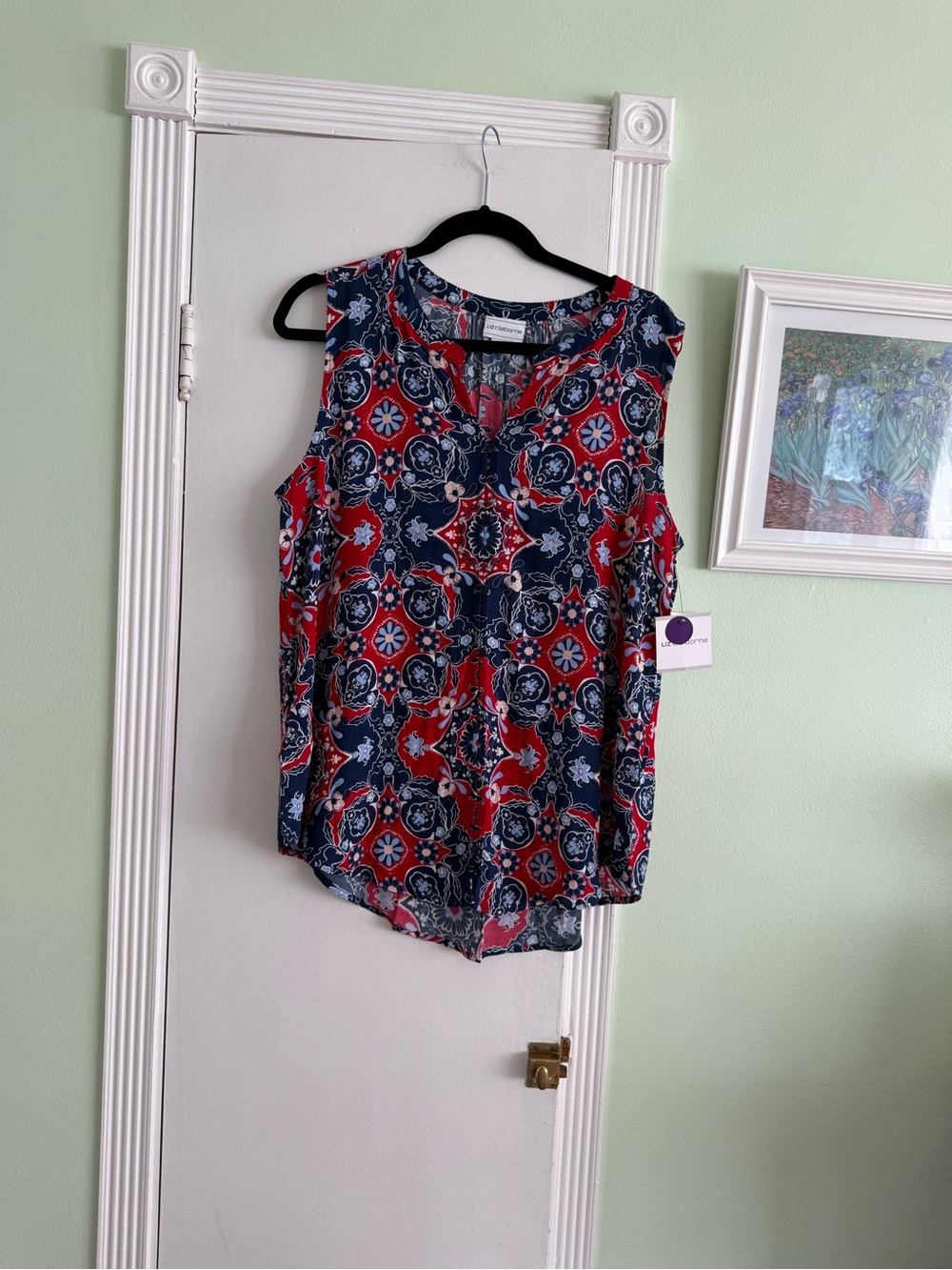 Liz Claiborne Red & Navy Printed Sleeveless Summer Top